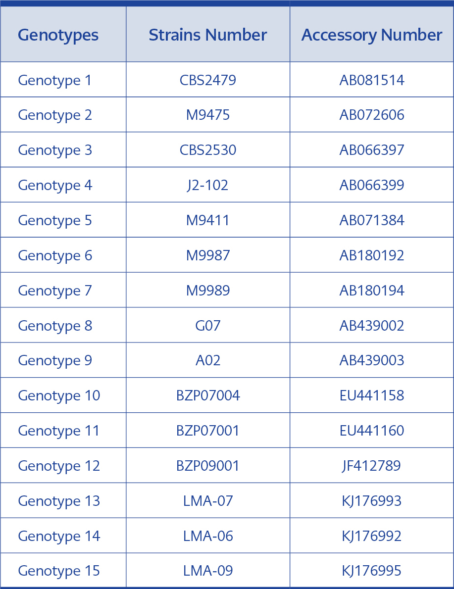 <strong>Table 1.</strong> Strains and accessory numbers of 15 genotypes in the literature.
