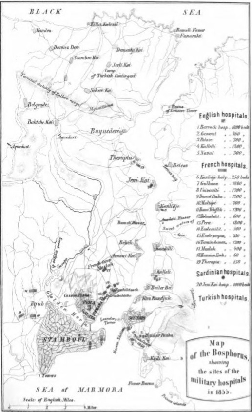 <strong>Figure 1.</strong> Dr. Pincoffs' map of Istanbul displaying the military hospitals in the city, 1855. Source: Pincoffs P. Experiences of A Civilian in Eastern Military Hospitals with Observations on the English, French and Other Medical Departments and The Organization of Military Medical Schools and Hospitals. Edinburgh :1857.